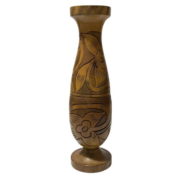 Vintage Hand Carved Wooden 2-Piece Pedestal Vase Etched Floral Design 13" MCM - Picture 8 of 9